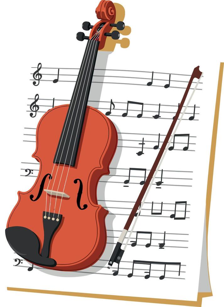 Classical violin with bow resting on sheet music detailed flat art vector
