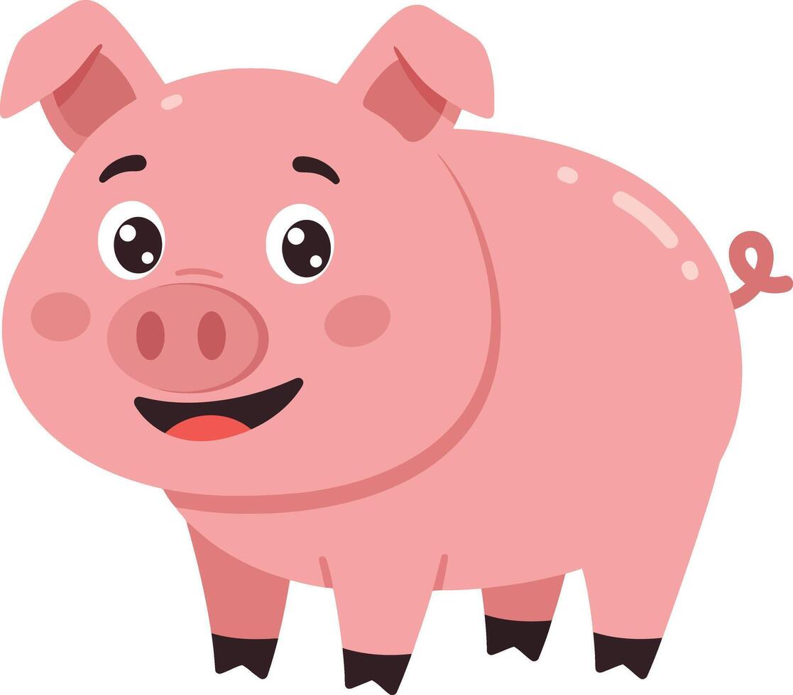 Cute smiling pink piglet with big eyes and curled tail in flat cartoon style illustration vector