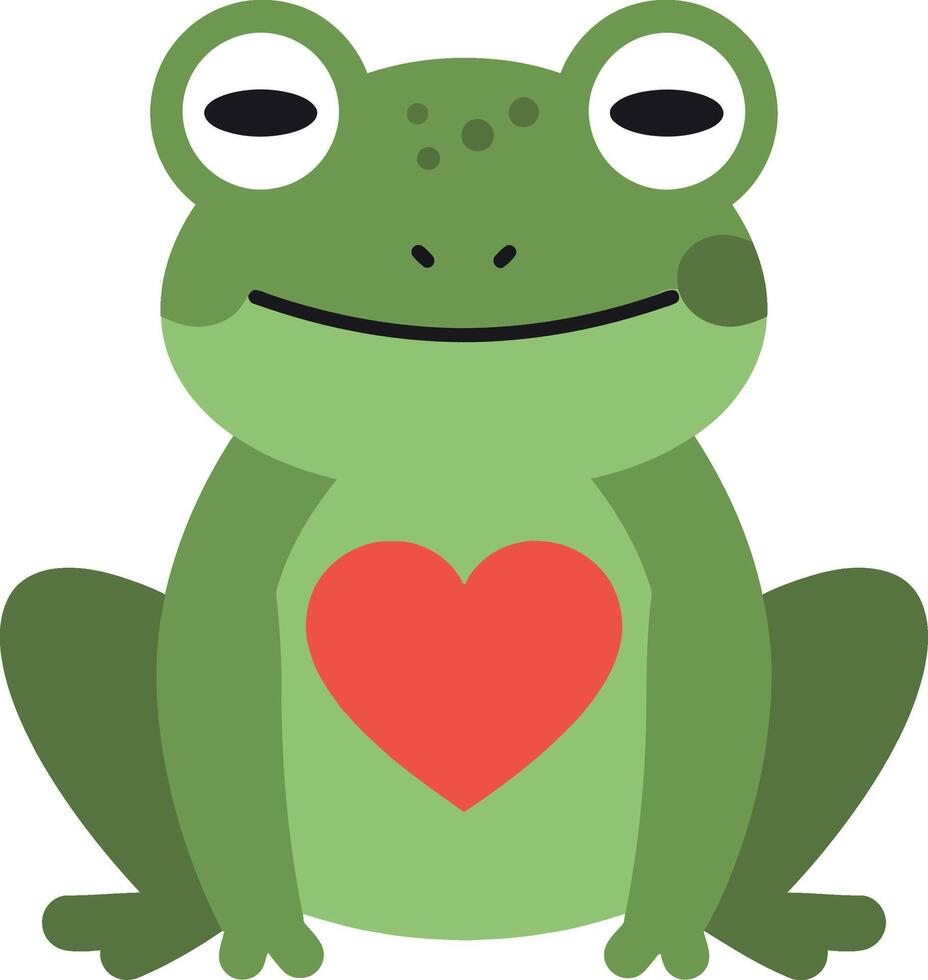 Cute green frog with red heart on belly sitting calmly flat design illustration vector