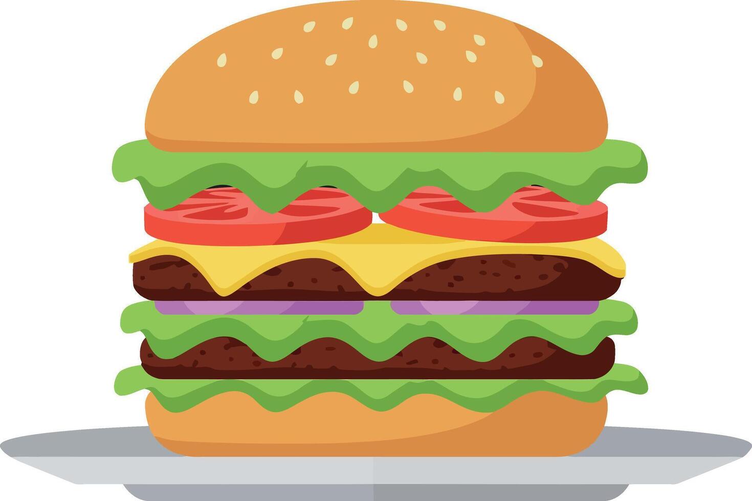 Double cheeseburger with lettuce tomato and sesame bun in flat design illustration vector