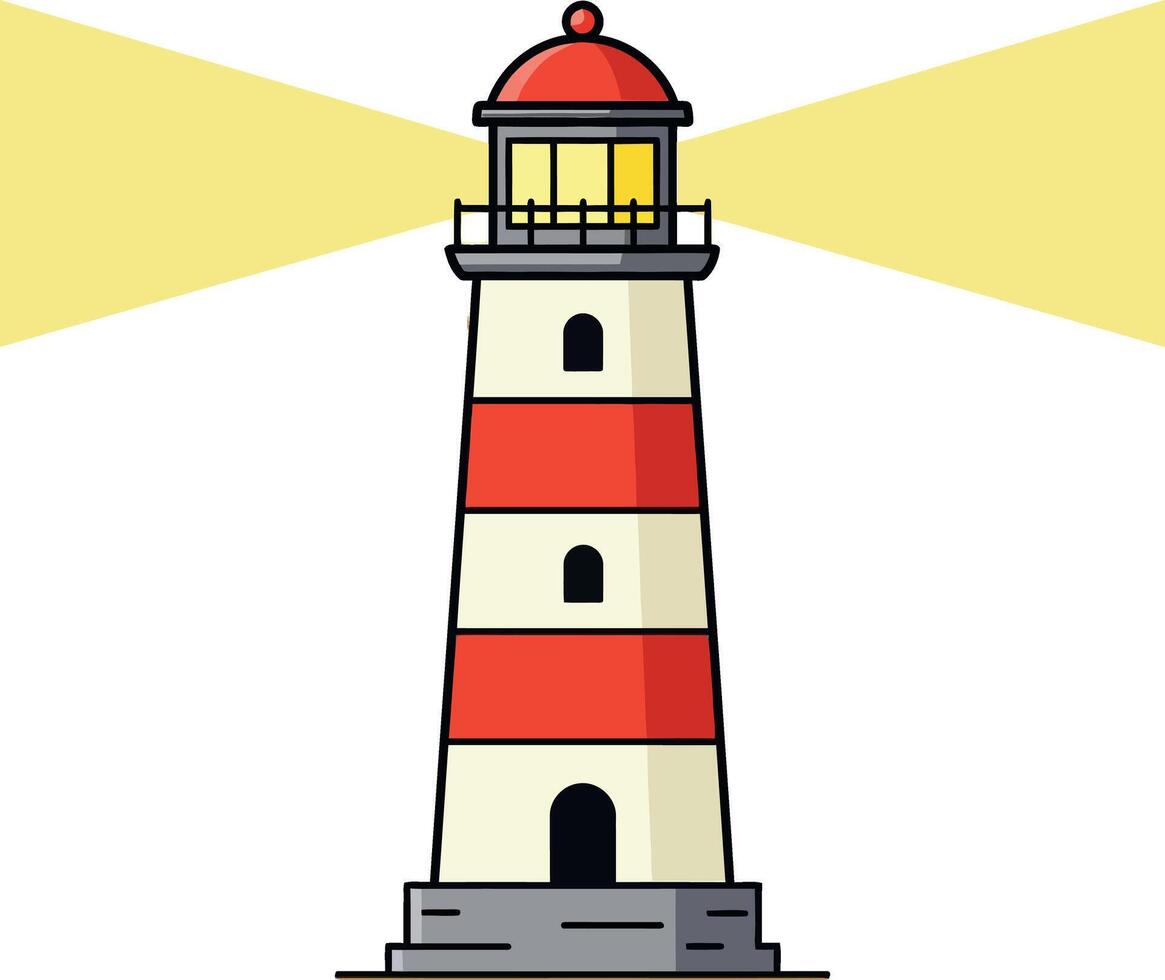 Red and white striped lighthouse with glowing lights and stone base flat design art vector