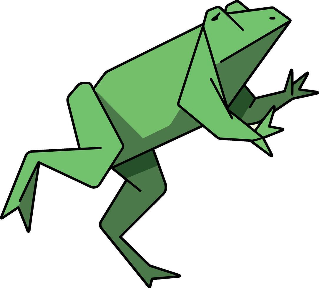 Green geometric frog in mid-jump with angular shapes minimal flat design illustration vector