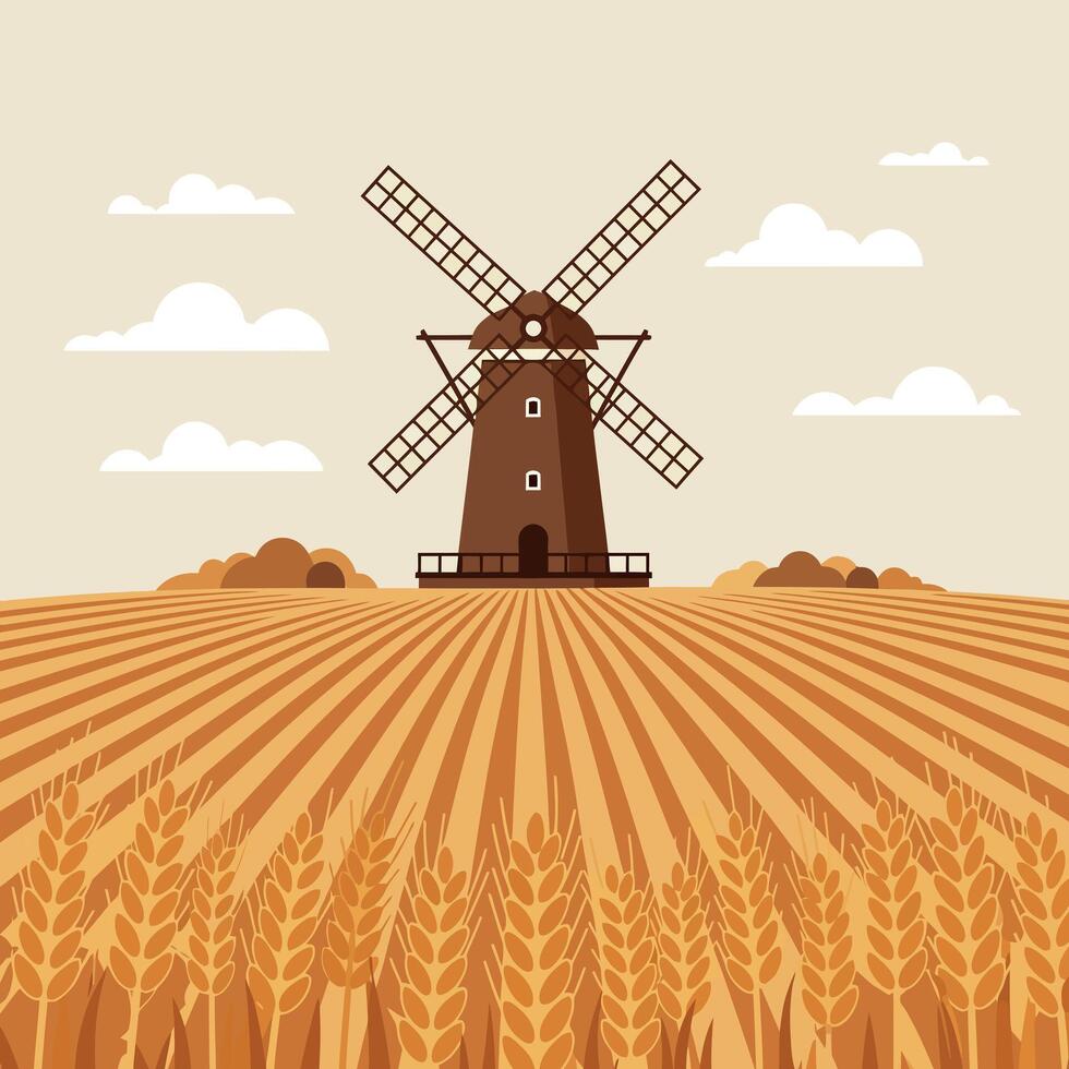 Traditional windmill standing in a golden wheat field under cloudy sky flat design illustration vector