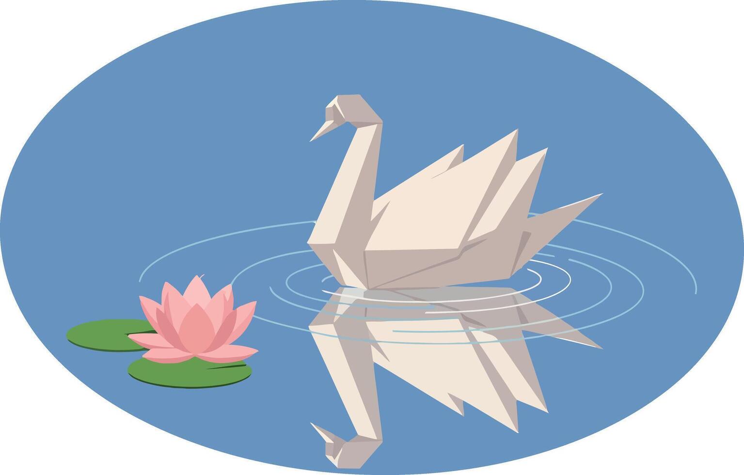 Origami style white paper swan floating on blue water with pink lotus flower flat minimal illustration vector