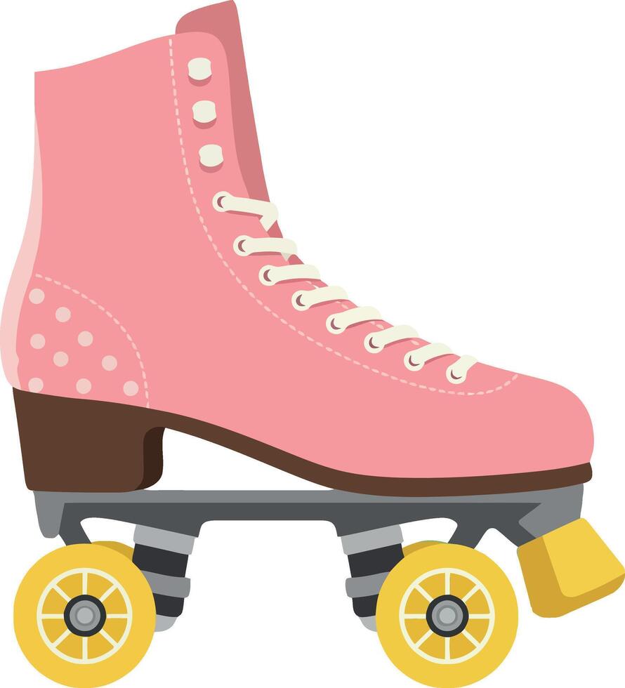 Pink retro roller skate with yellow wheels and brown heel flat design illustration vector