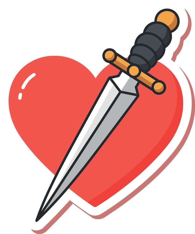 Red heart pierced by silver dagger with black handle in flat style sharp stabbing art vector