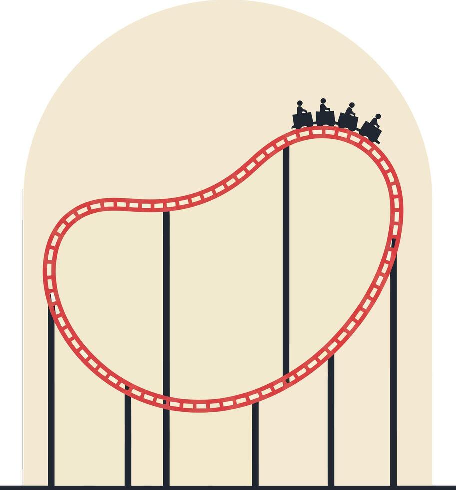 Roller coaster with passengers riding on red track in minimal flat style illustration vector