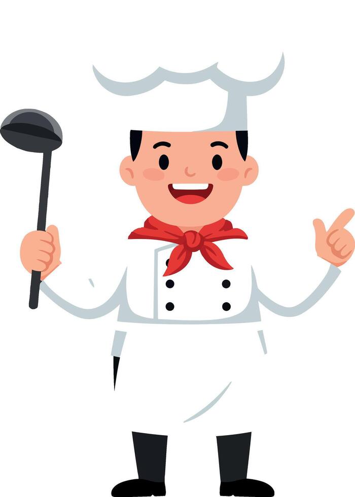 Smiling male chef in white uniform and red neckerchief holding ladle flat design illustration vector