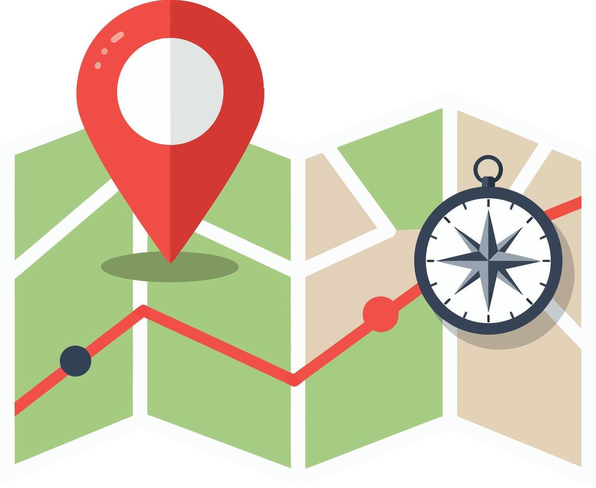 Folded map with red location marker and compass flat design navigation illustration vector