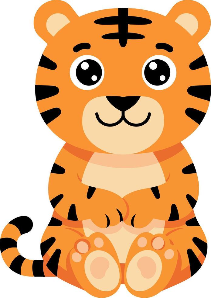 Cute baby tiger sitting with big eyes and smiling face in flat colorful cartoon style illustration vector