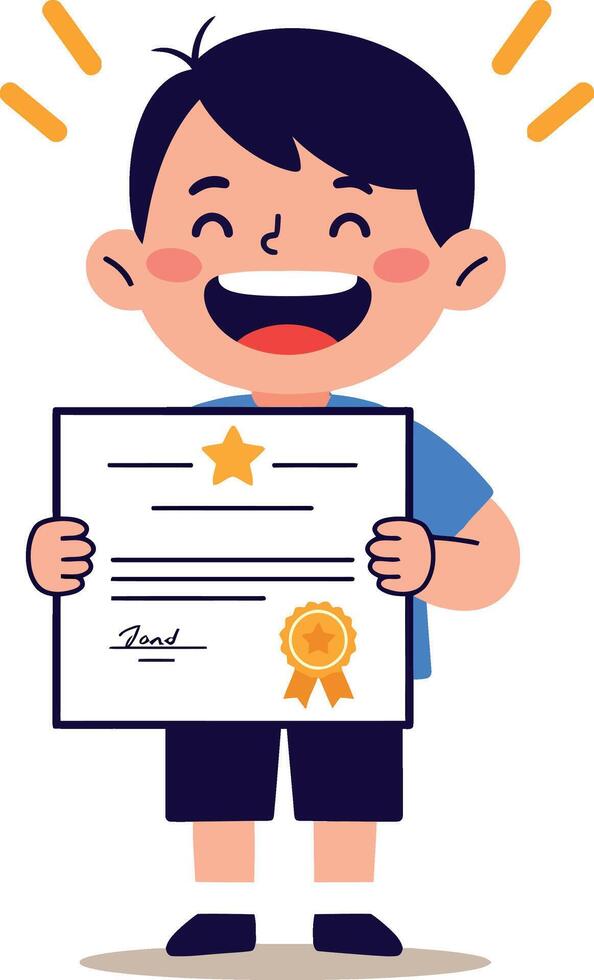 Happy young boy holding certificate with star and medal smiling flat cartoon illustration vector