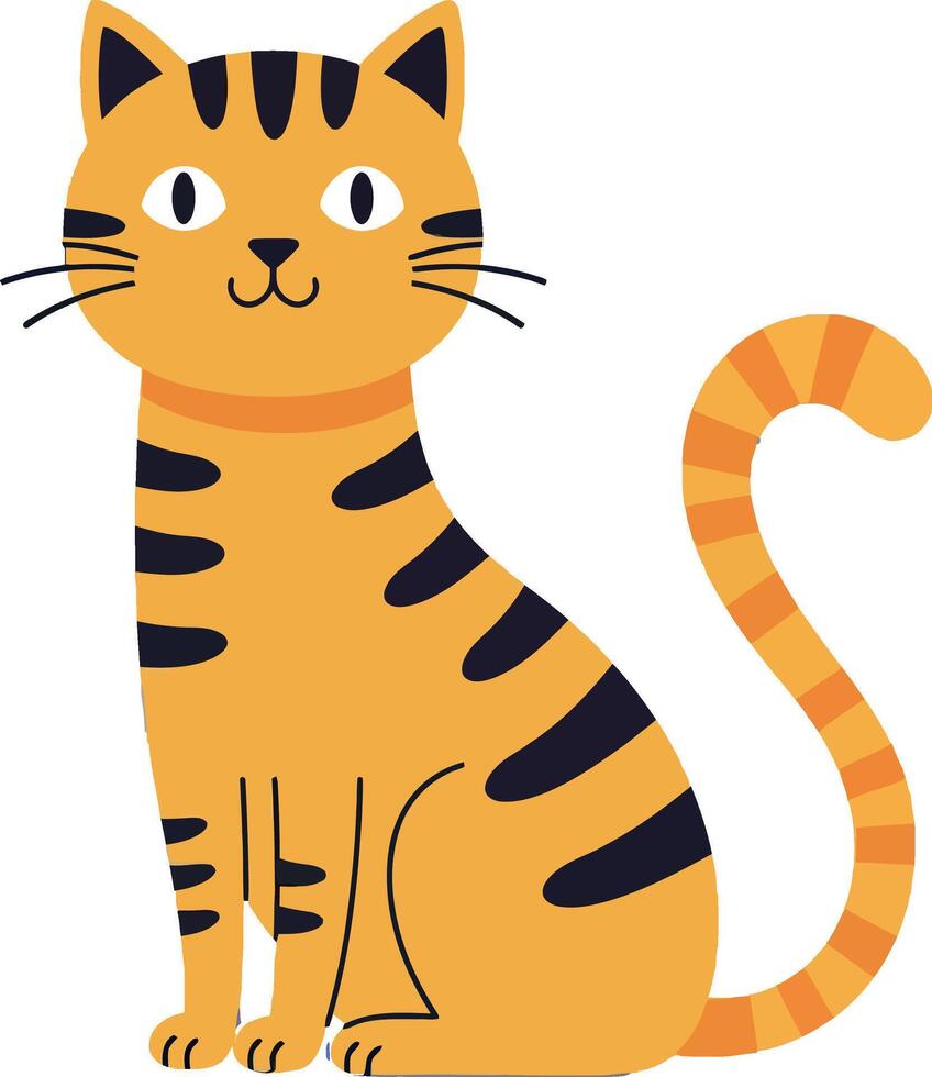 Orange striped cat sitting calmly with curled tail in flat minimal cartoon style illustration vector