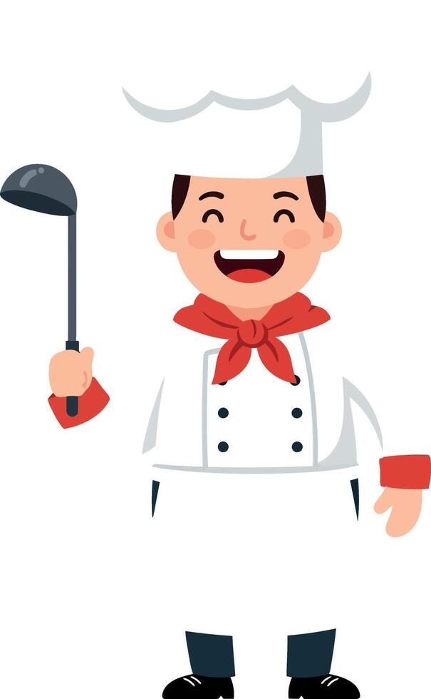 Smiling male chef in white uniform with red scarf holding ladle flat design illustration vector