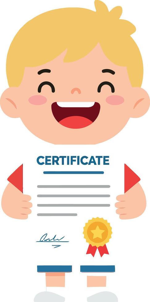 Happy blond boy holding certificate with golden seal smiling in flat minimal art vector