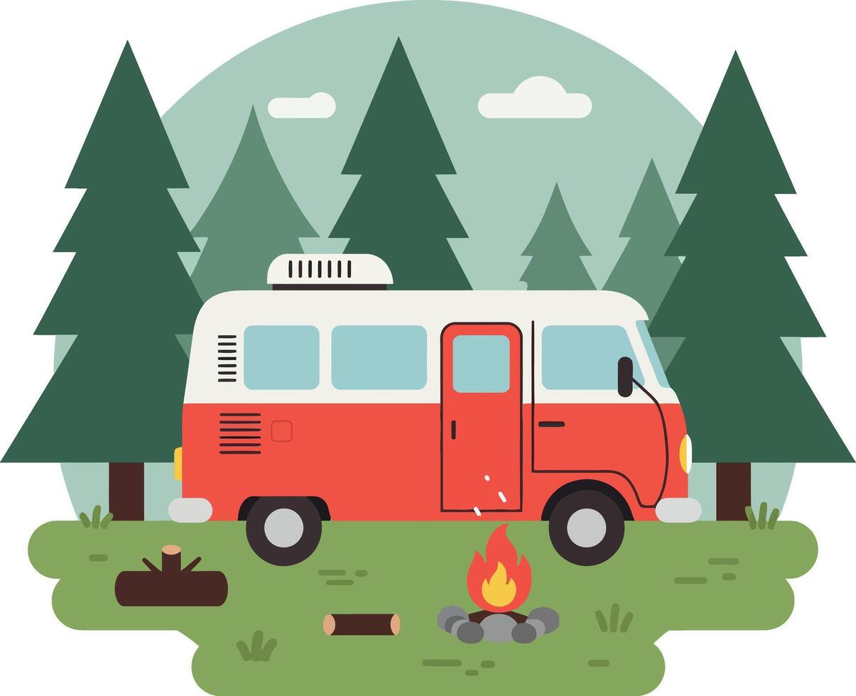 Red and white camper van parked in pine forest with campfire and logs flat design illustration vector