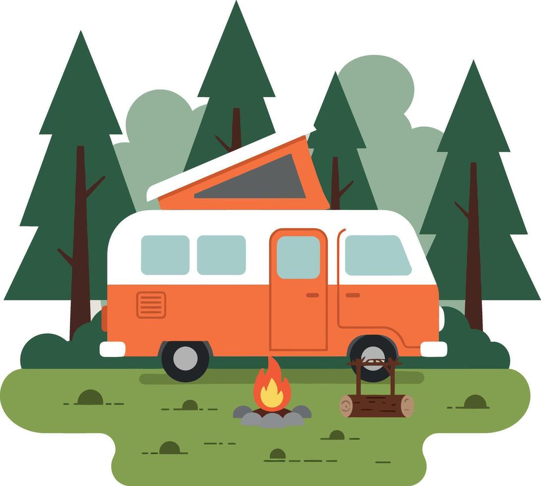 Orange and white camper van parked in forest with campfire and grill flat design illustration vector