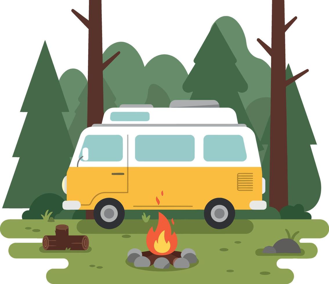 Yellow camper van parked near campfire in forest with pine trees flat design illustration vector