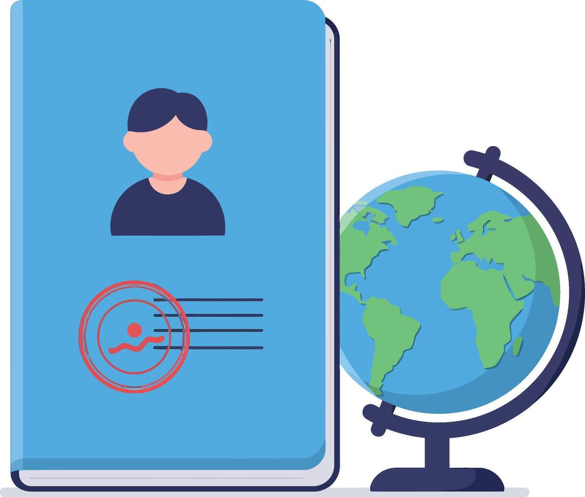 Passport with personal photo and globe on stand flat design minimal illustration vector