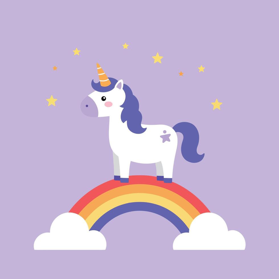 Cute white unicorn with purple mane standing on rainbow with stars in flat design illustration vector