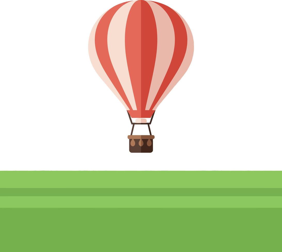 Red and white striped hot air balloon floating over green fields in flat minimal art vector