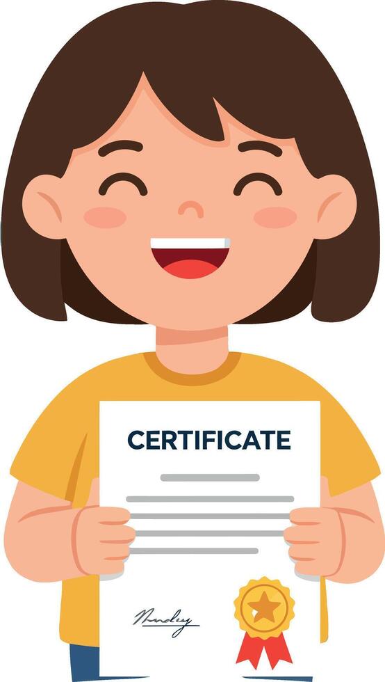 Smiling girl holding certificate with gold medal flat design happy achievement art vector