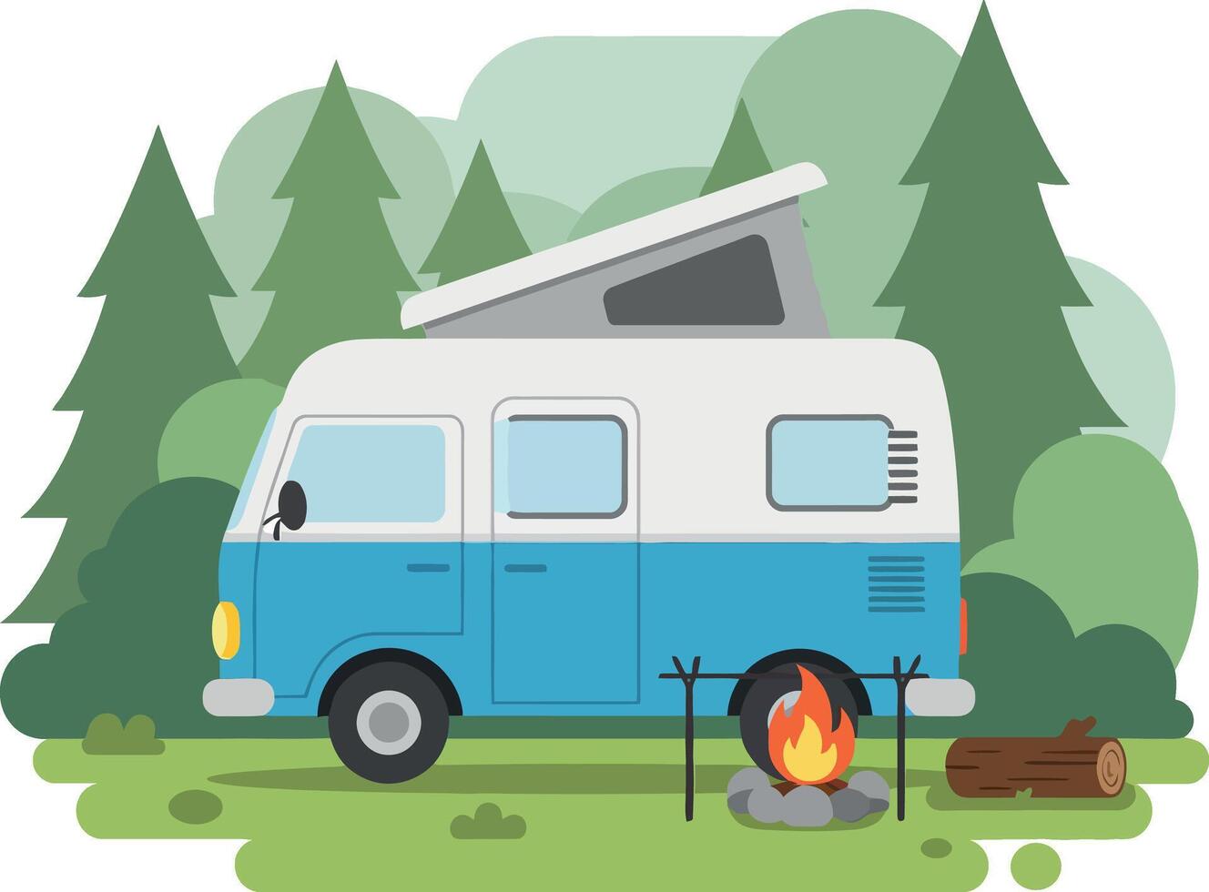 Blue and white camper van parked in forest with campfire and logs flat design illustration vector