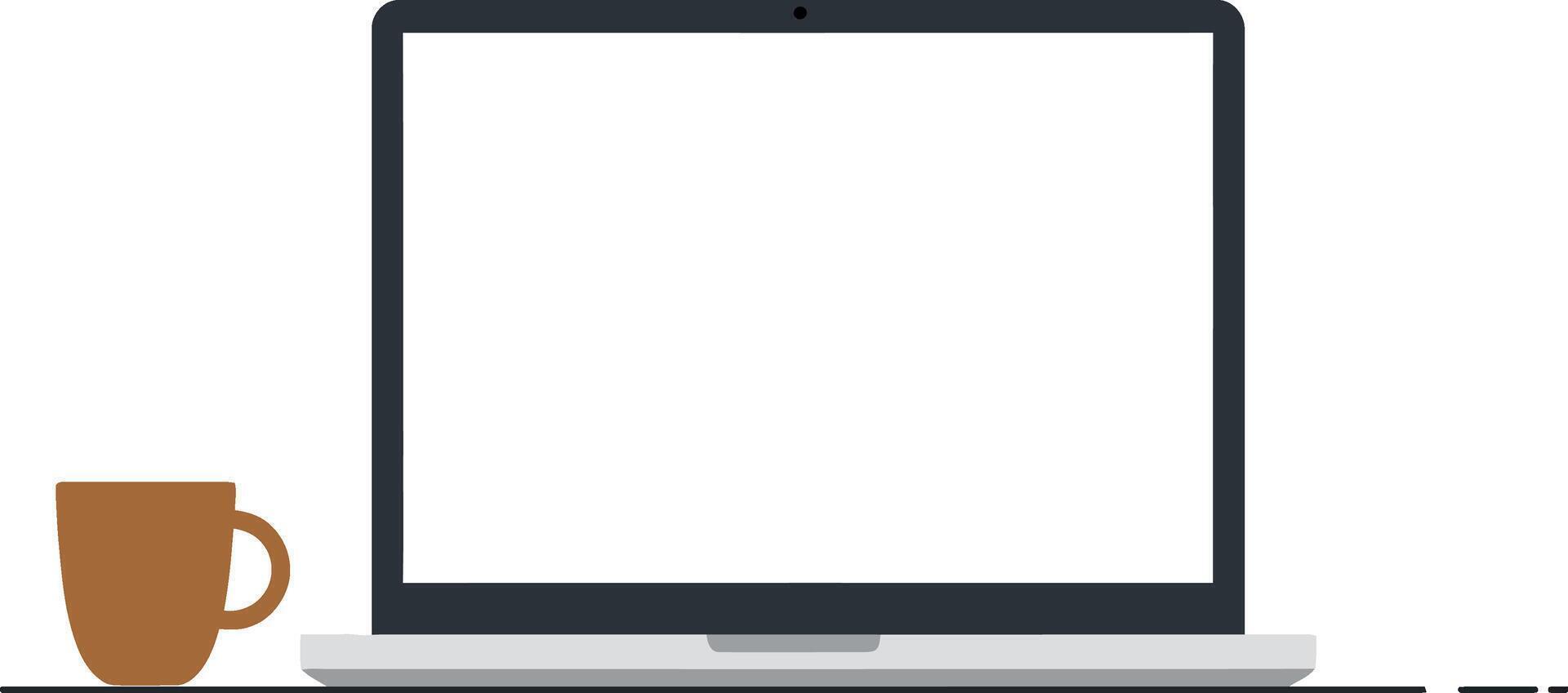Minimal laptop with blank screen and brown coffee cup on white surface flat design illustration vector