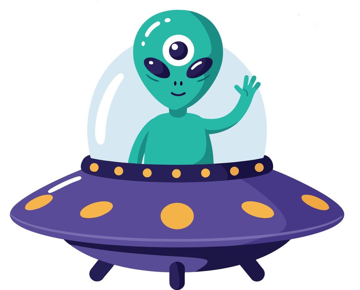 Green one-eyed alien character waving from purple spaceship with yellow dots flat style illustration vector