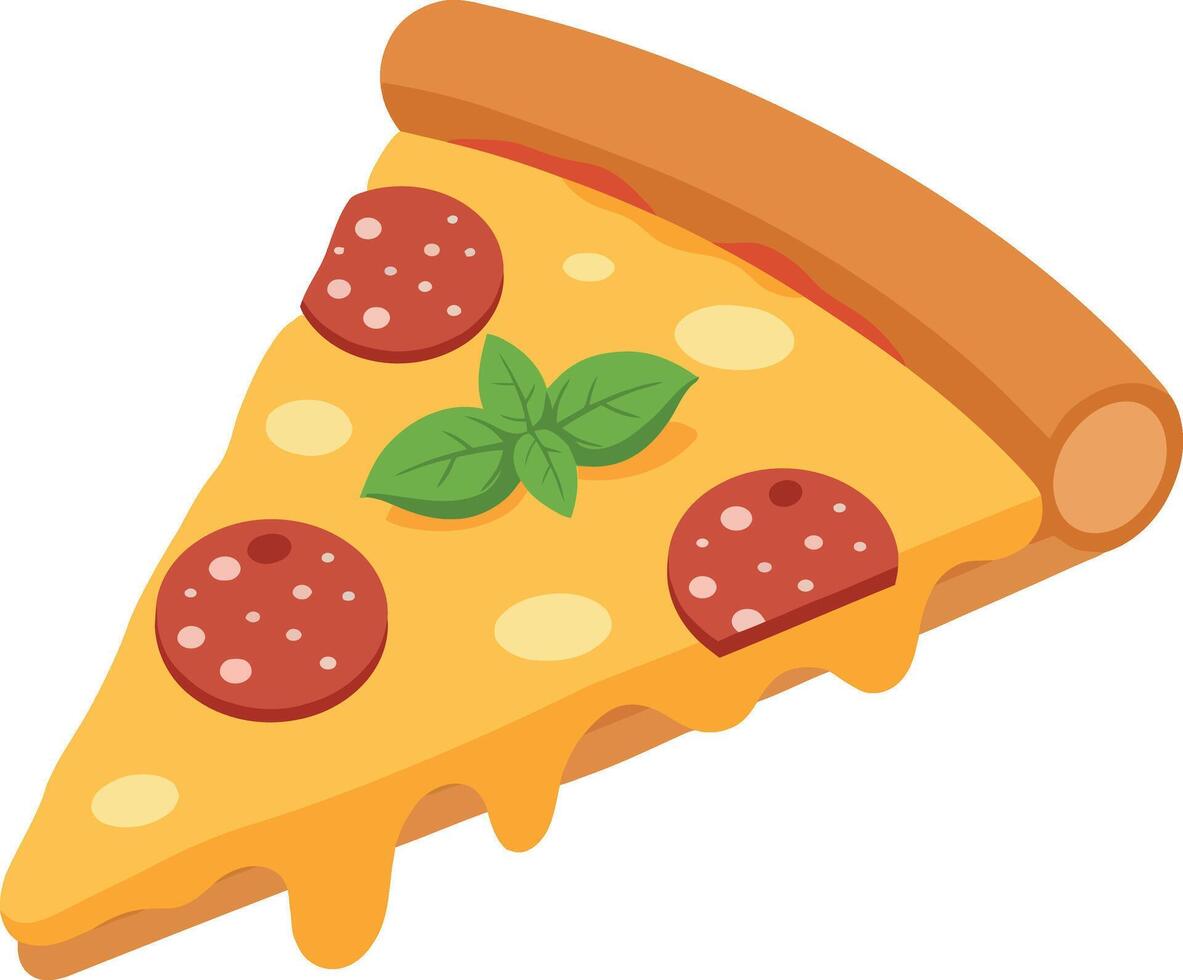Pepperoni pizza slice with melted cheese and basil leaves in flat style illustration vector