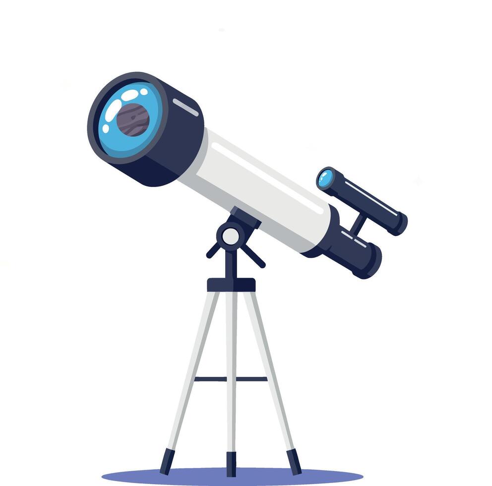 White and black telescope on tripod with blue lens in flat design illustration vector