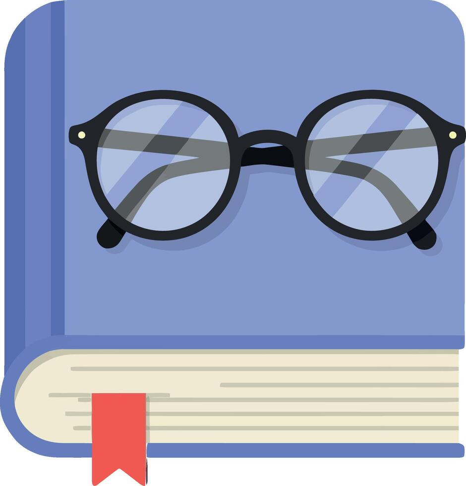 Blue closed book with red bookmark and round black eyeglasses resting on top flat minimal illustration vector
