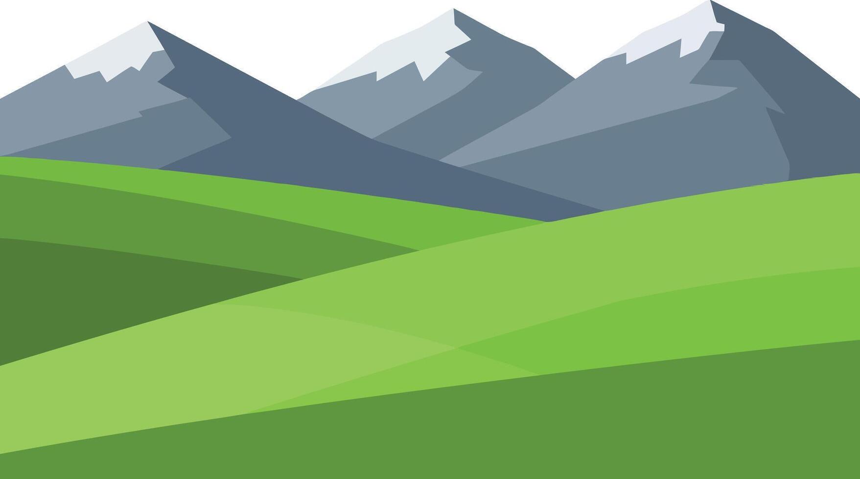 Mountain landscape with rolling green hills and snow capped peaks flat design illustration vector