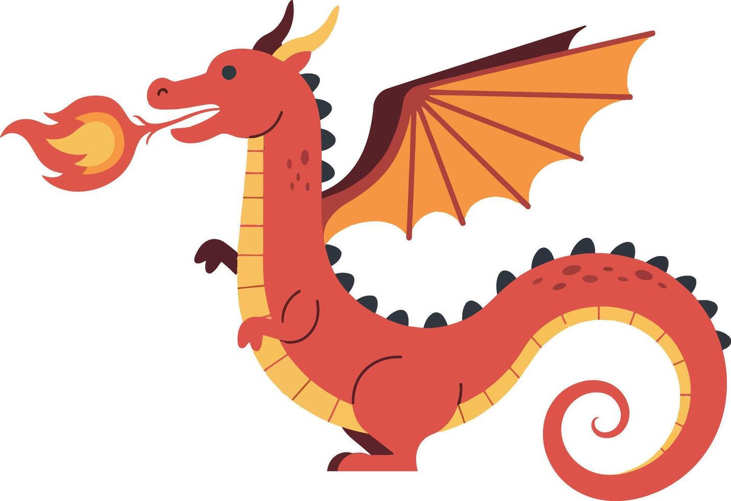 Red fantasy dragon breathing fire with orange wings and curled tail flat cartoon style illustration vector