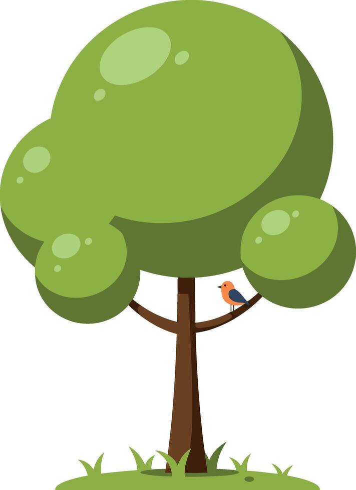 Green tree with round foliage and small bird perched on branch flat minimal illustration vector