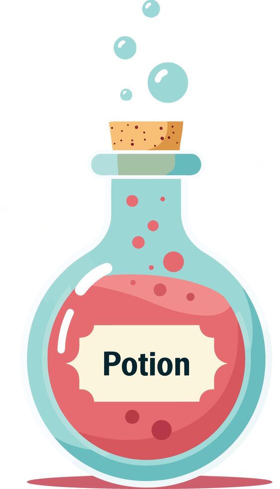 Round glass bottle with red bubbling potion cork stopper flat design illustration vector