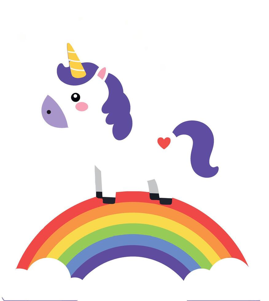 Cute cartoon unicorn with purple mane standing on colorful rainbow in flat design illustration vector