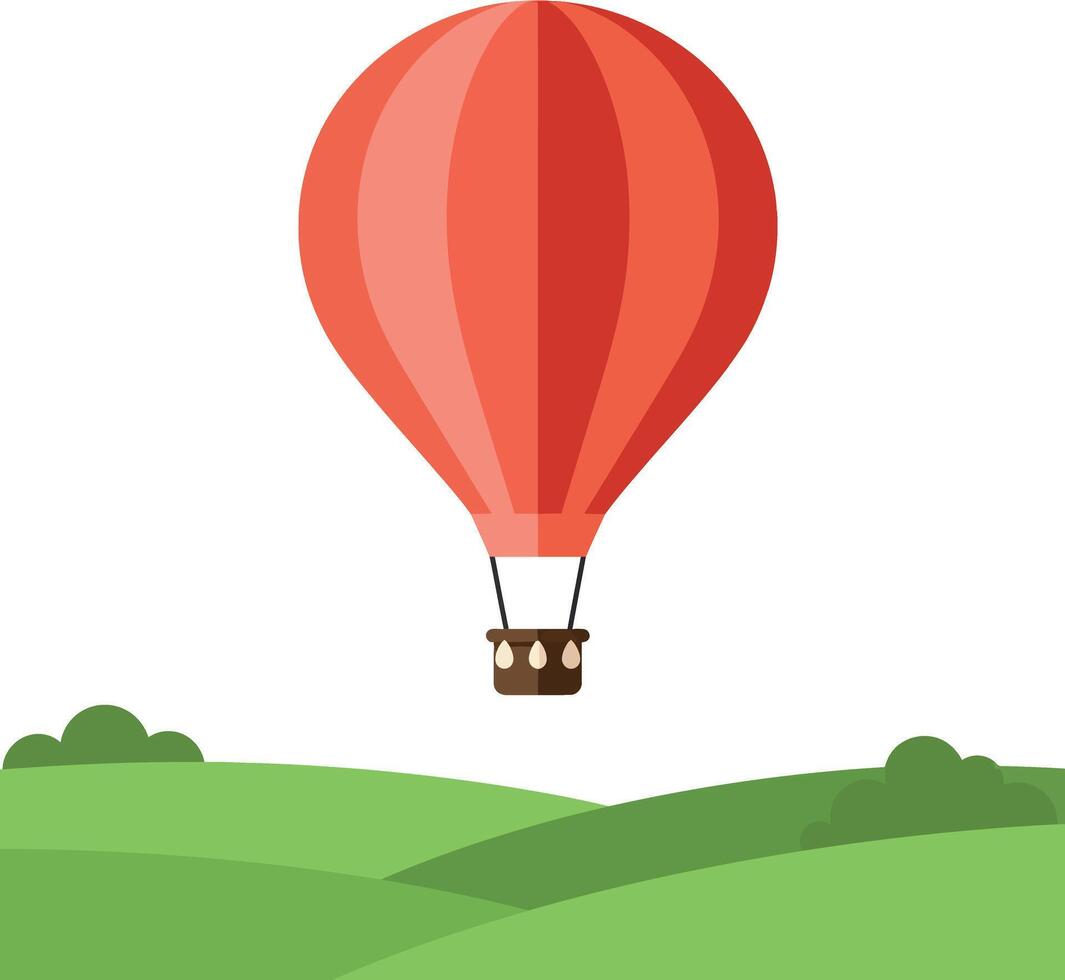 Red hot air balloon floating above green rolling hills in flat minimalist style illustration vector