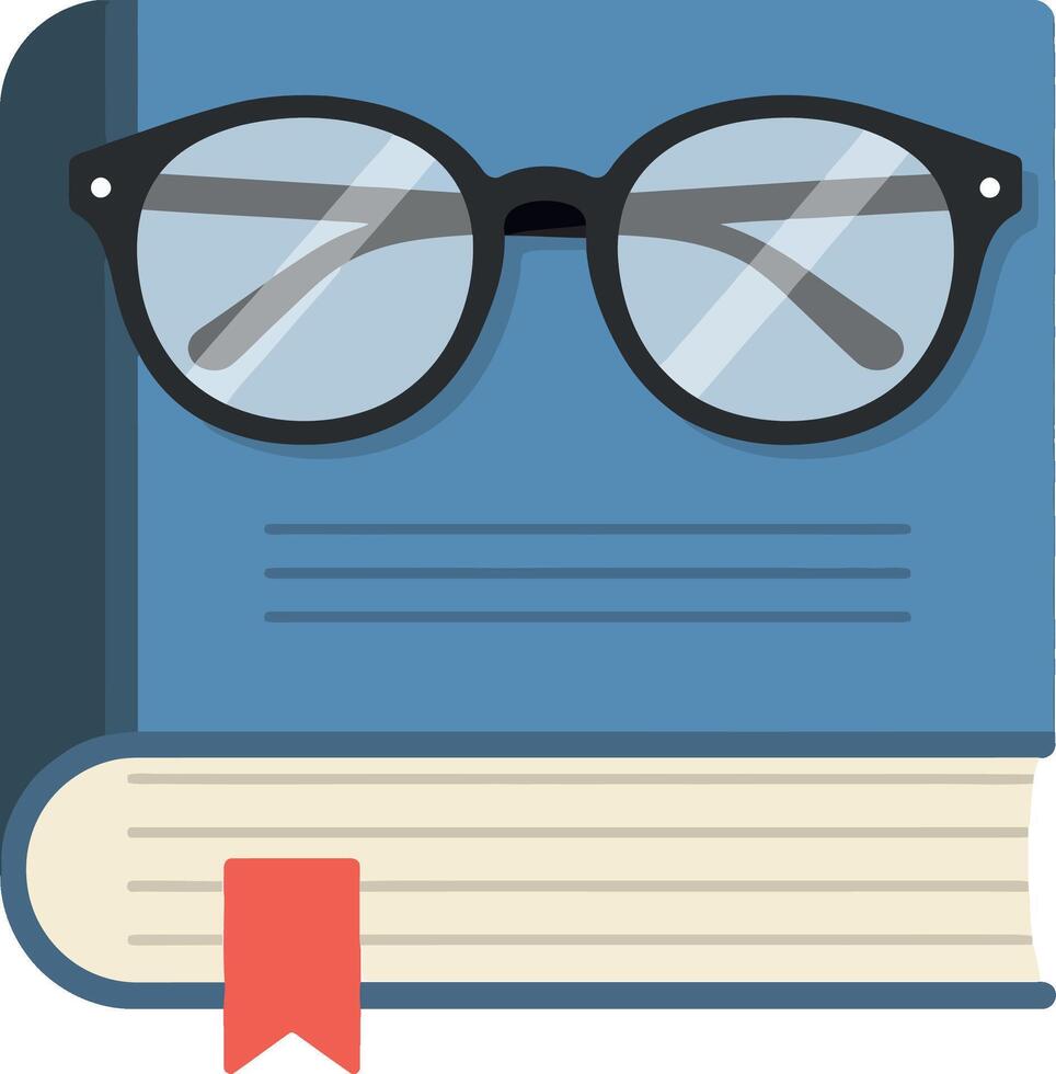 Blue closed book with red bookmark and black round glasses resting on top flat design illustration vector
