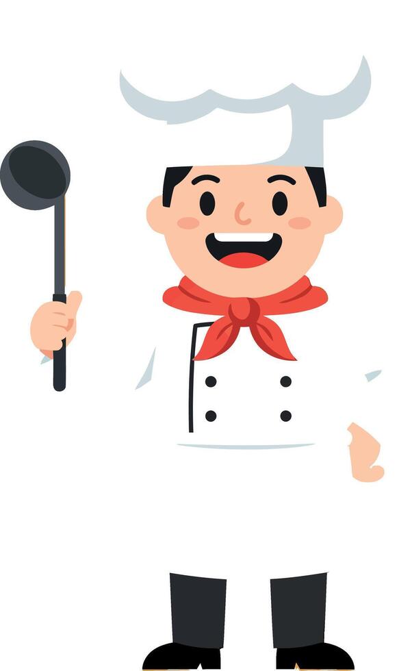 Happy male chef in uniform with hat and red scarf holding ladle flat design illustration vector