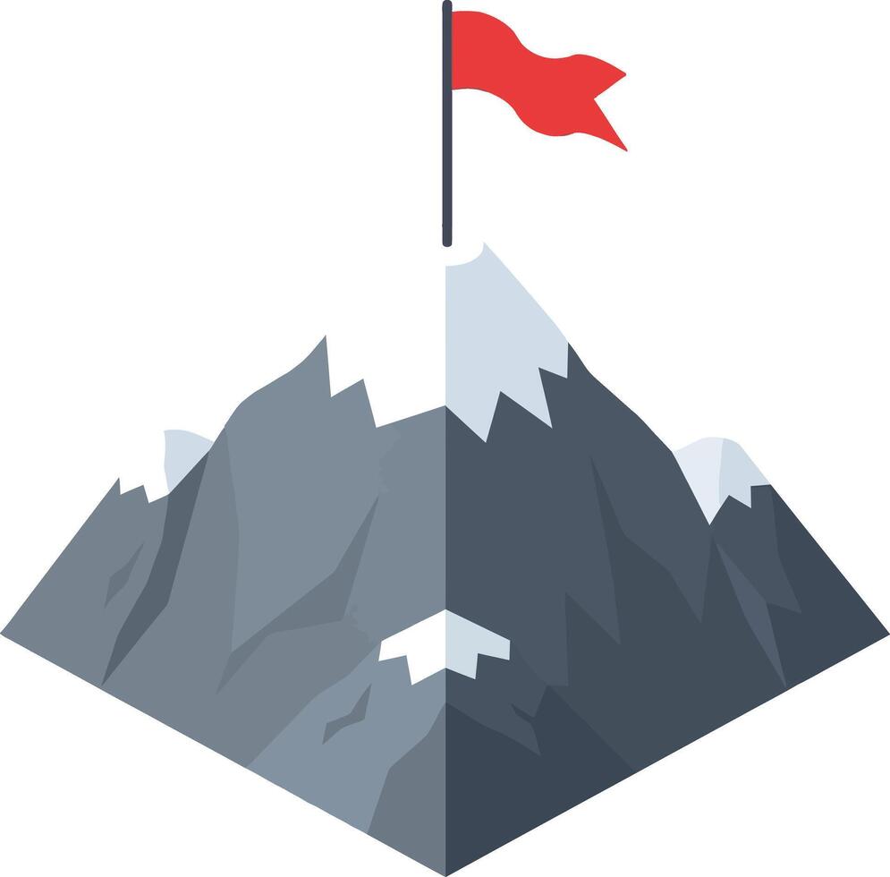 Mountain peak with red flag on snowy summit in flat geometric minimalist style illustration vector