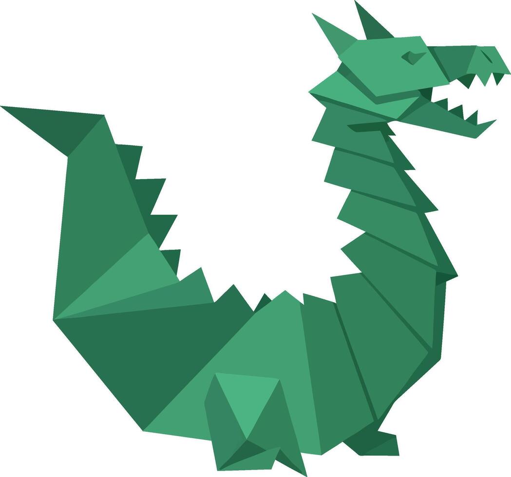 Green low poly dragon with sharp teeth and spiked back in flat geometric style illustration vector