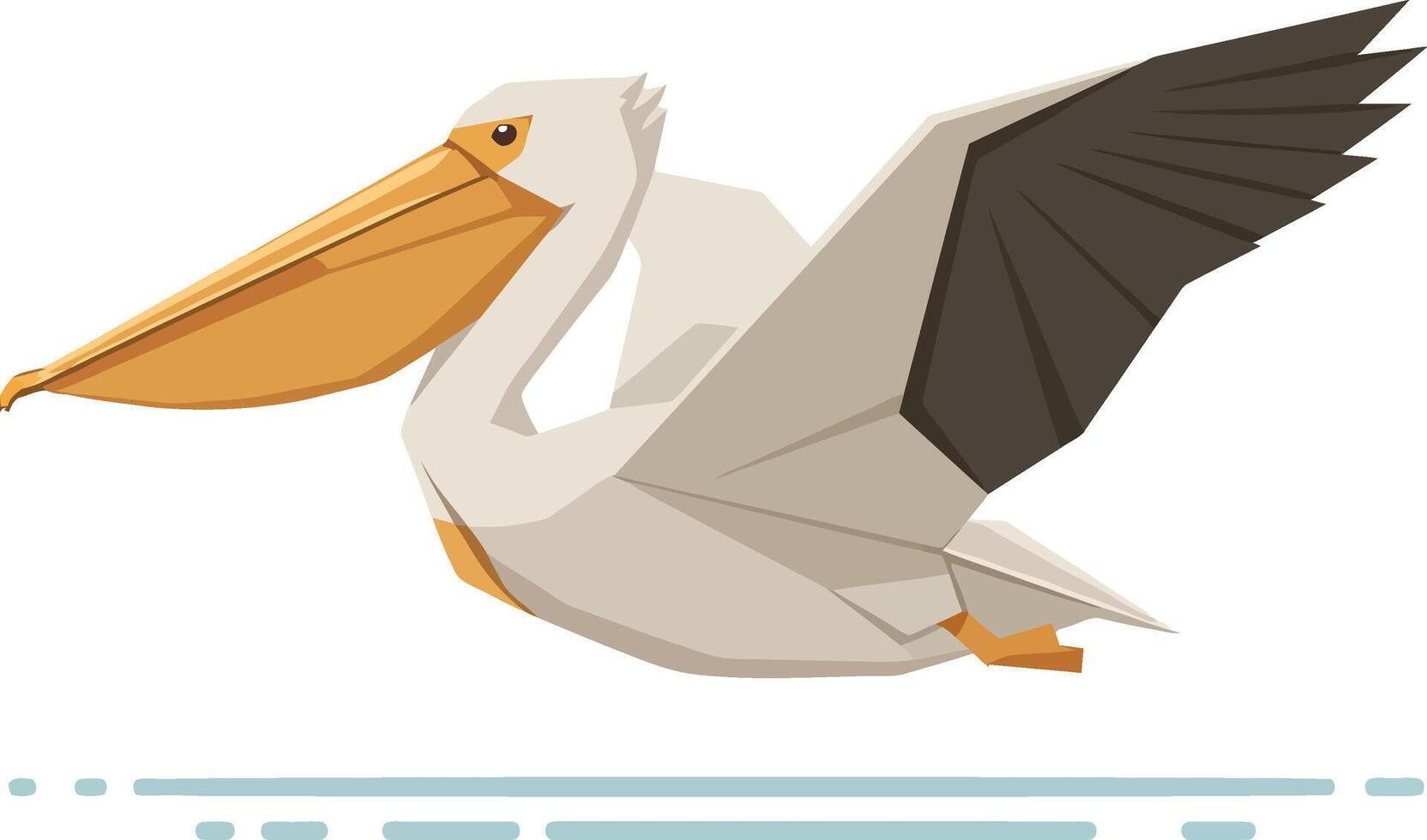 White pelican with large orange beak and dark wings flying over water in flat style illustration vector