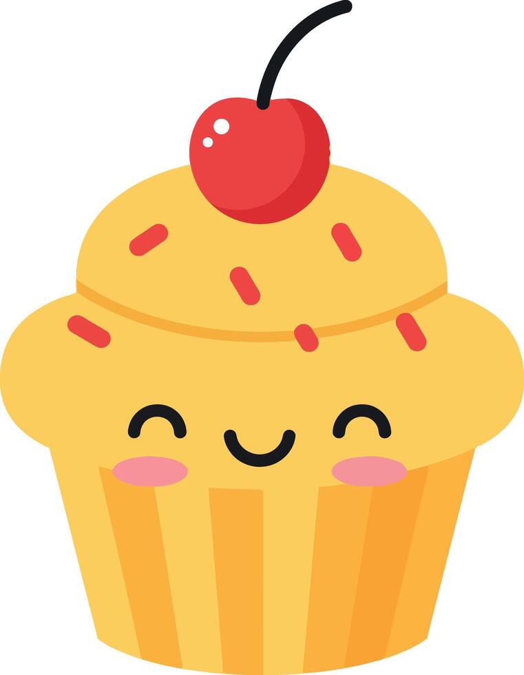 Cute happy cupcake with cherry and sprinkles in flat minimal style illustration vector