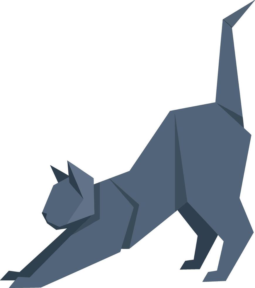Dark grey cat stretching with raised tail in geometric flat design illustration vector