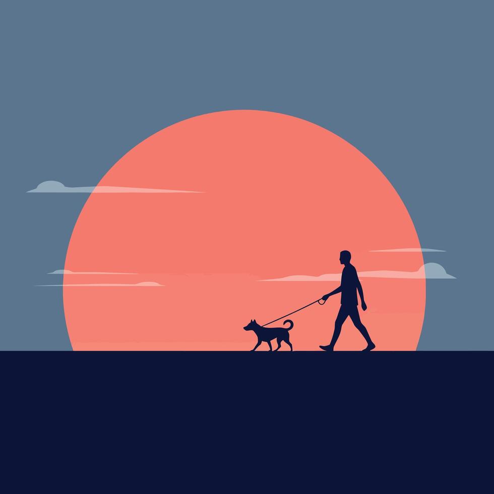 Silhouette of man walking dog at sunset minimal flat design illustration vector
