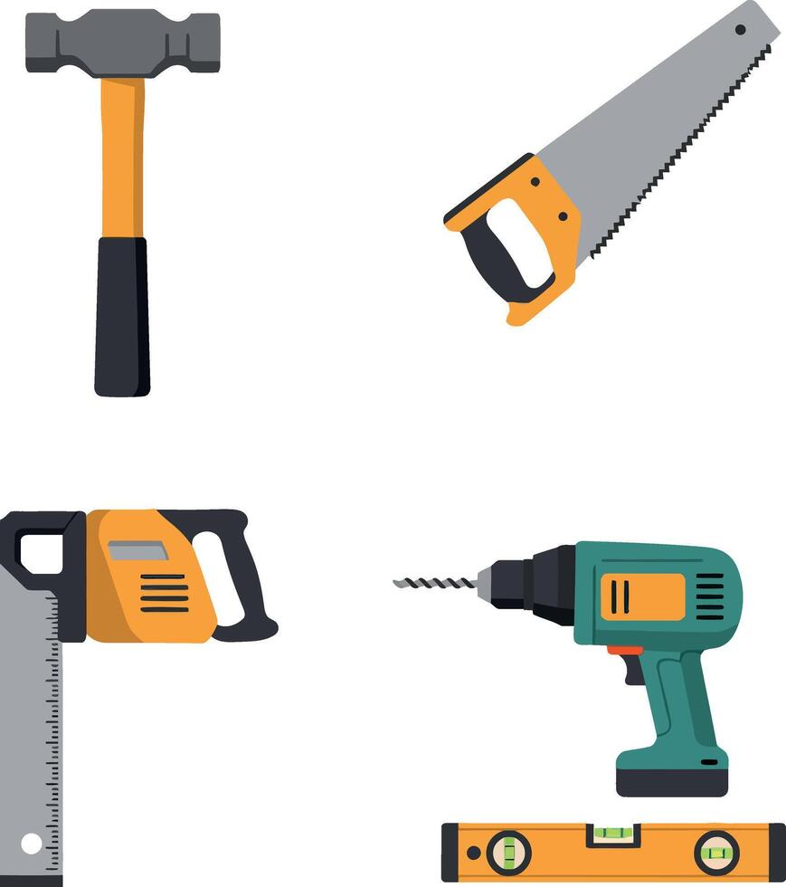 Construction tools set with hammer saw drill ruler and level flat design illustration vector