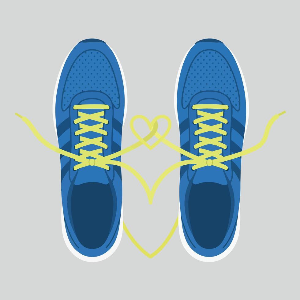Blue athletic shoes with yellow laces forming heart shape minimal flat illustration vector