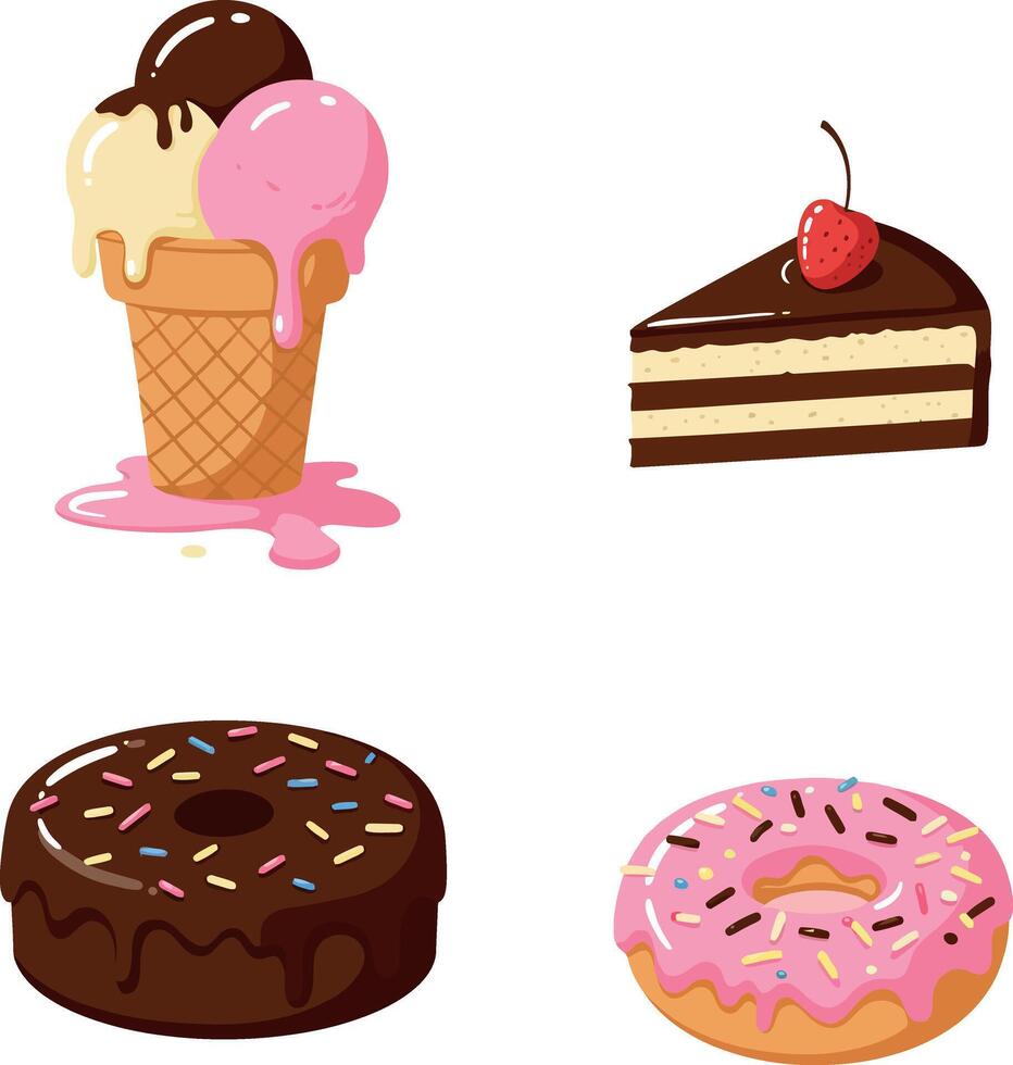 Assorted sweet dessert treats including ice cream cone and donuts in colorful flat style illustration vector