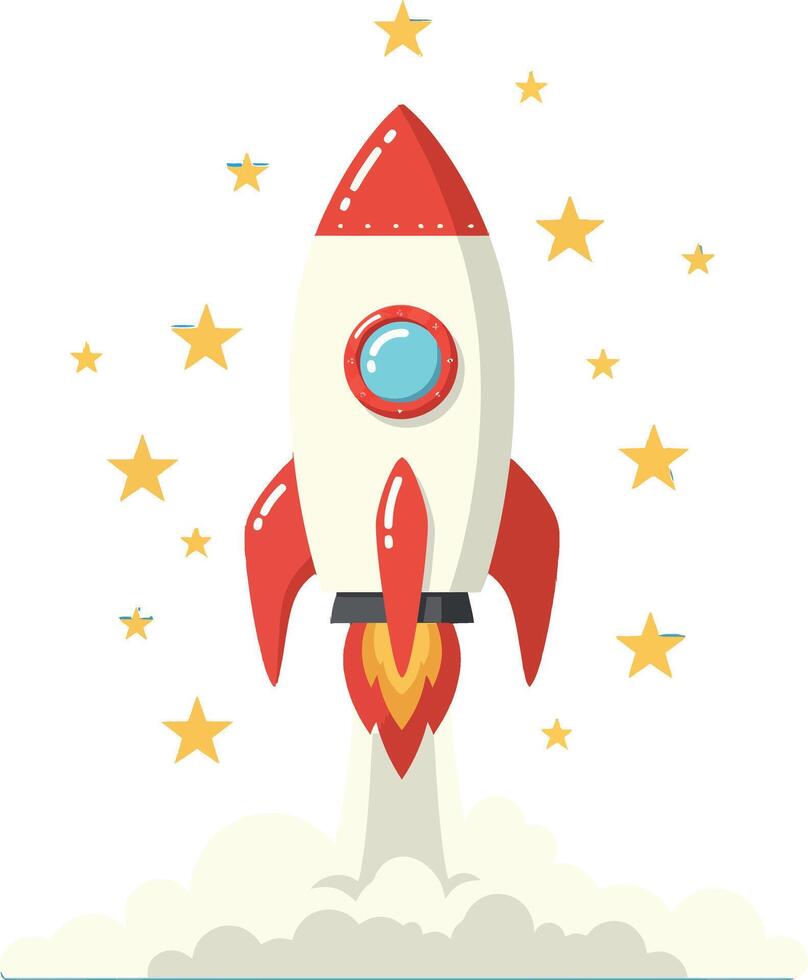 Red and white cartoon rocket launching with stars around in flat minimal style illustration vector