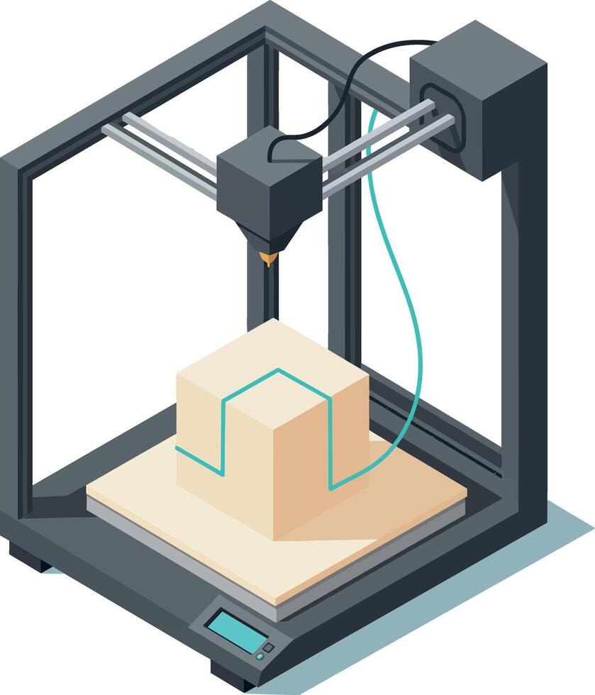3D printer machine creating geometric object in modern detailed isometric style illustration vector